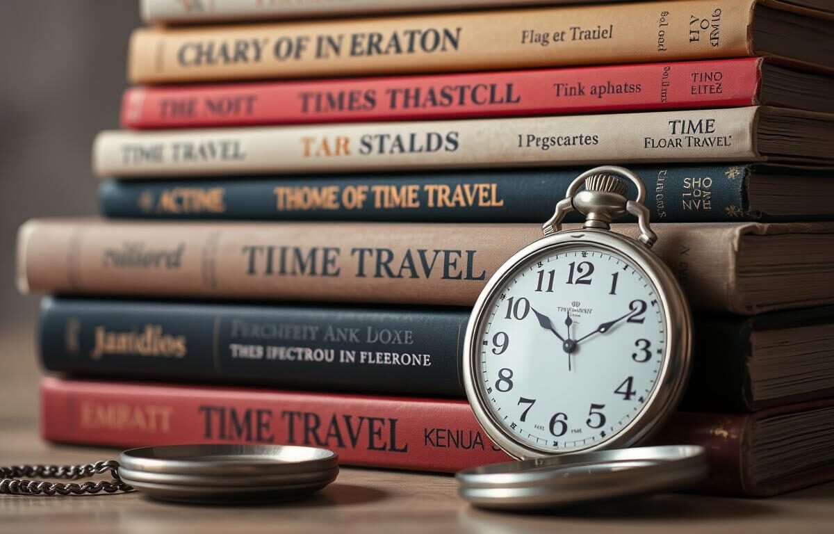 Livros sobre viagem no tempo empilhados com um relógio antigo ao lado