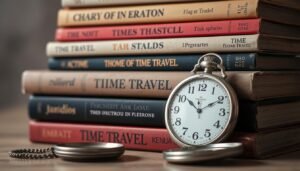 Livros sobre viagem no tempo empilhados com um relógio antigo ao lado