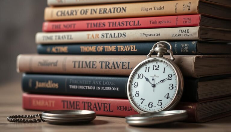 Livros sobre viagem no tempo empilhados com um relógio antigo ao lado