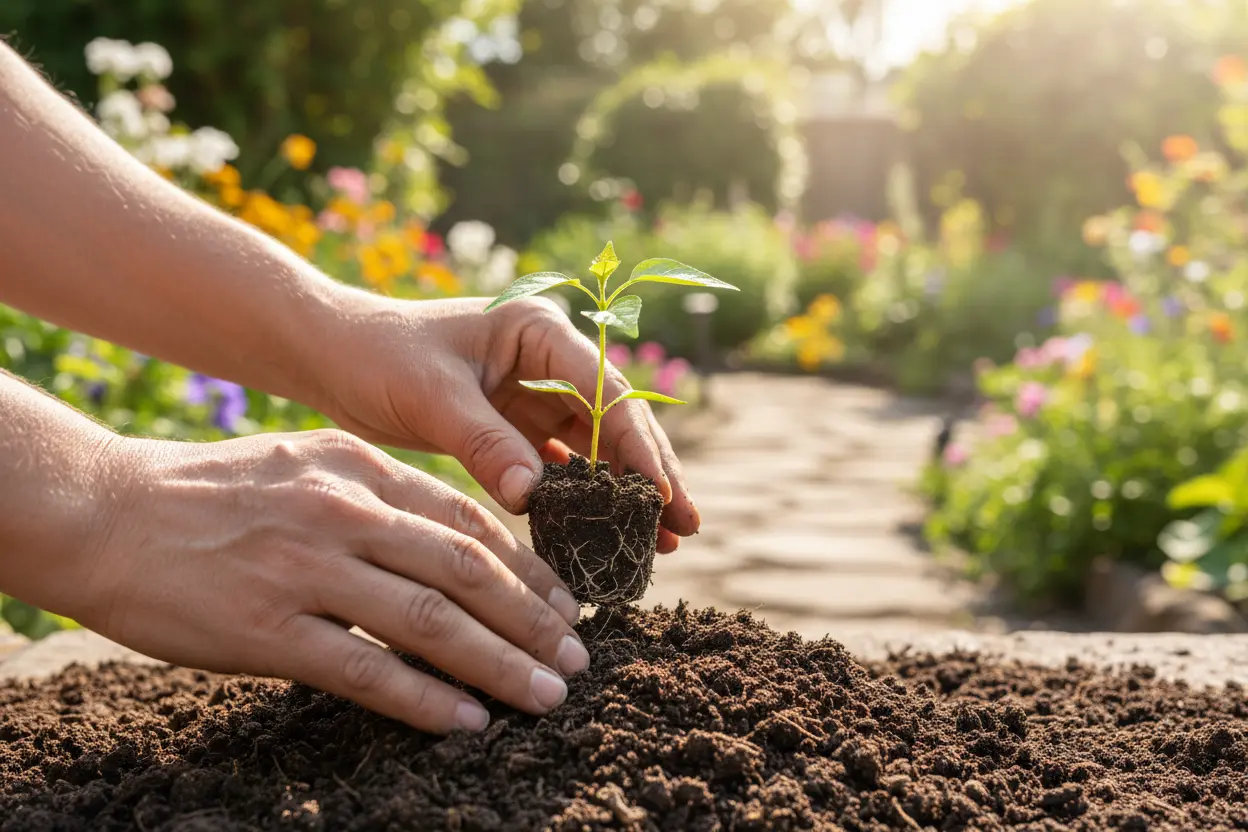 Cultivando Riqueza com Paciência Mãos plantando uma muda, simbolizando a construção de riqueza com sabedoria e paciência.