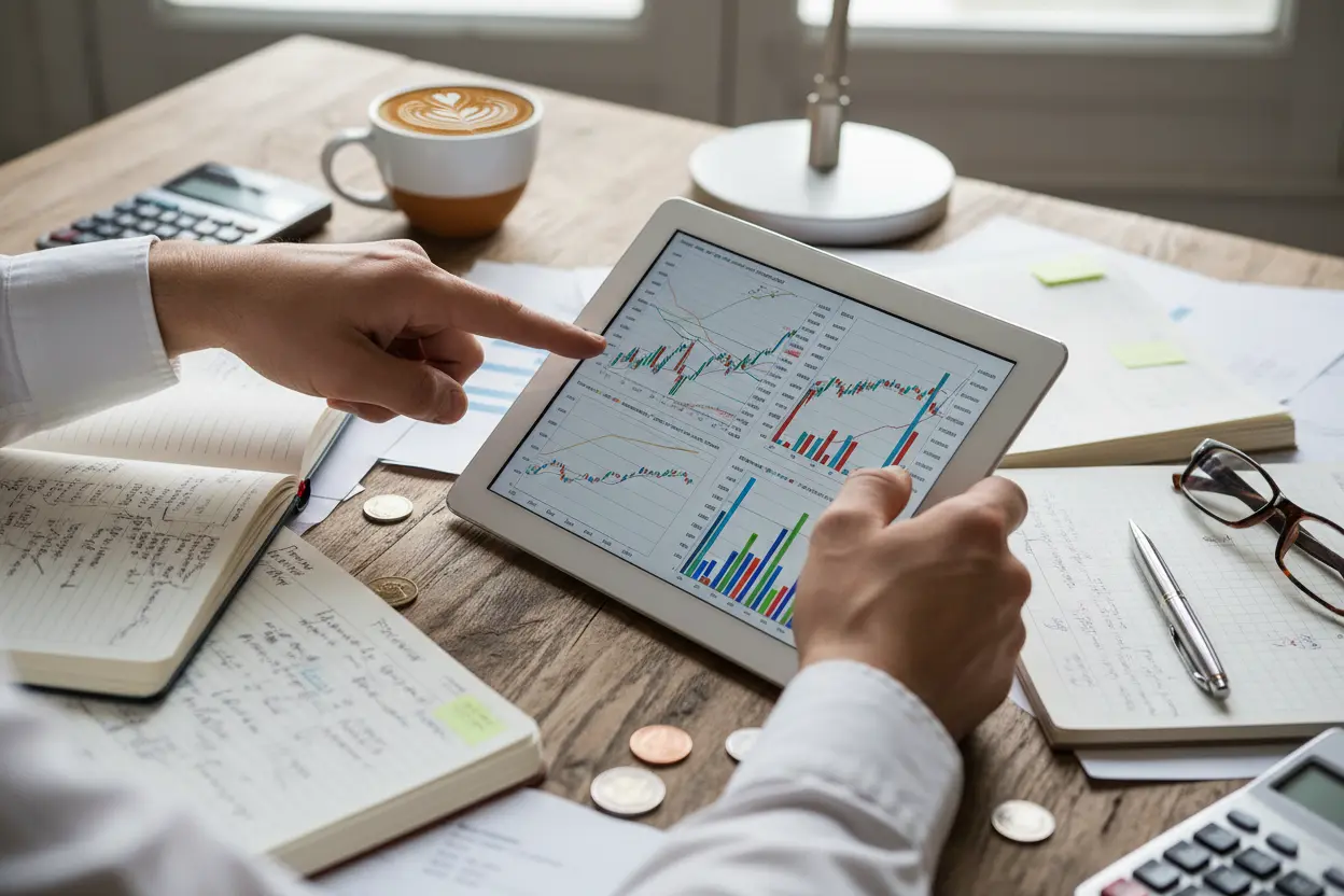 Ensinamentos de Kiyosaki Mãos analisando gráfico financeiro em tablet