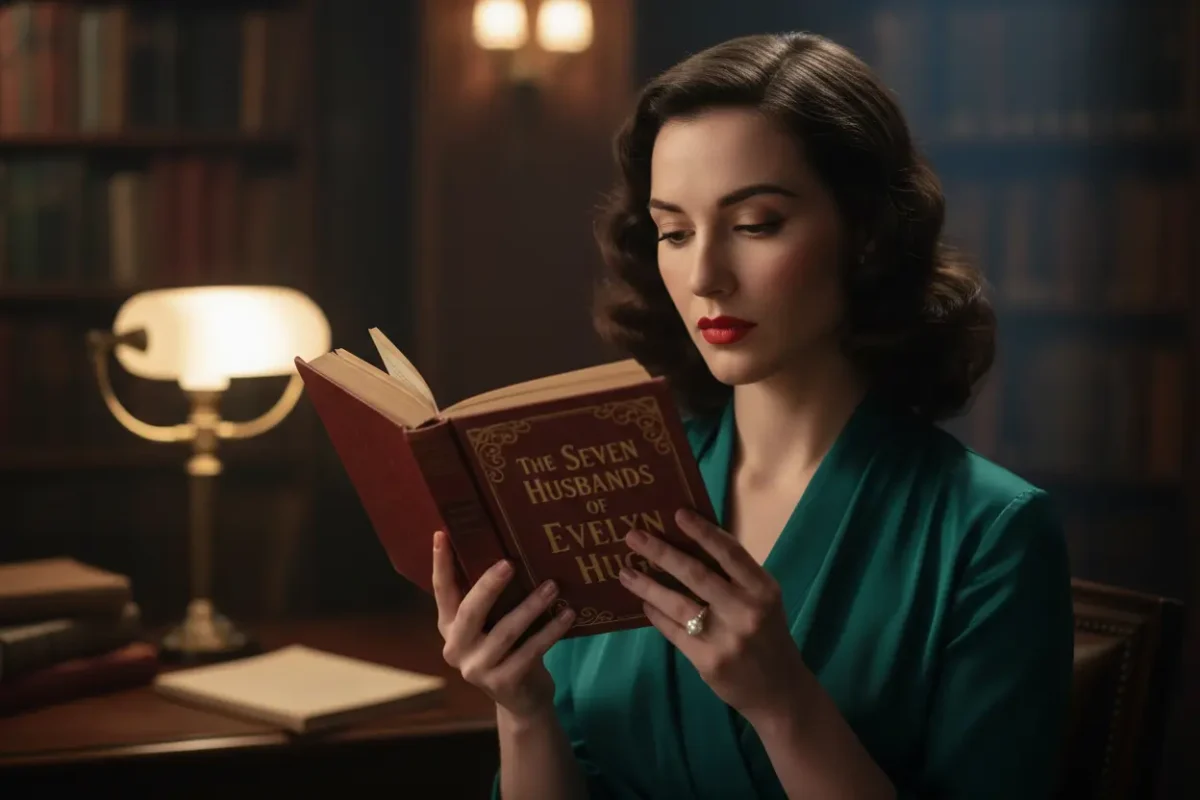 Mulher glamourosa com livro 'Os Sete Maridos de Evelyn Hugo'