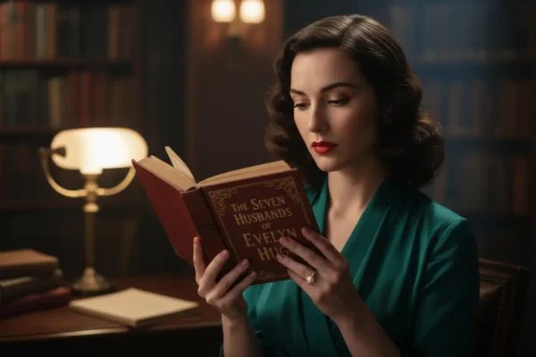 Mulher glamourosa com livro 'Os Sete Maridos de Evelyn Hugo'