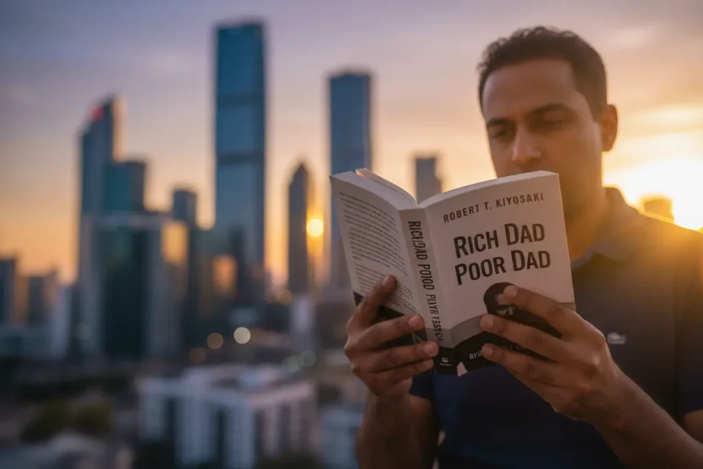 Pessoa pensativa com o livro Pai Rico, Pai Pobre