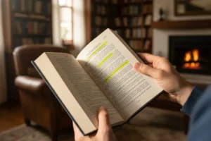 Mãos segurando o livro As Armas da Persuasão em uma biblioteca.