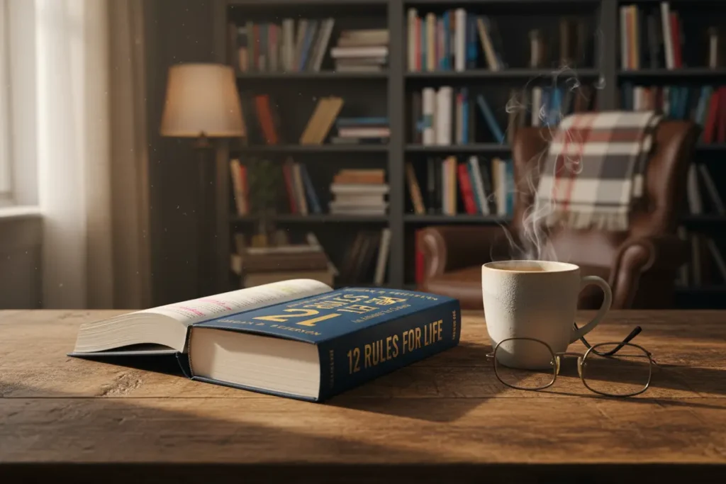 Capa do livro 12 Regras para a Vida em mesa de madeira.