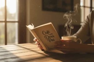 Livro Café com Deus Pai em uma mesa com café