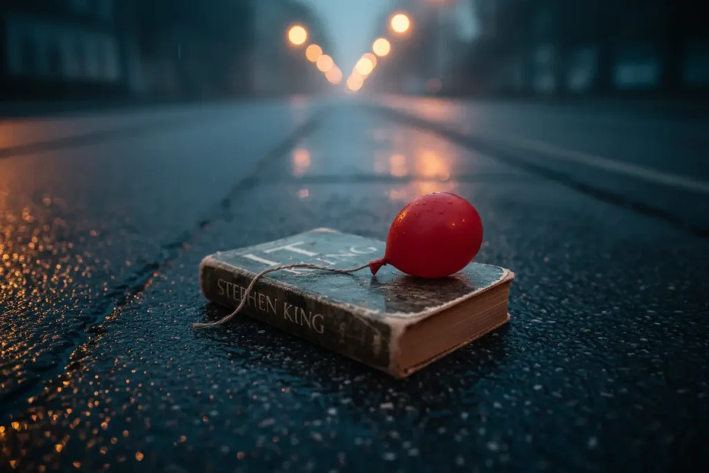 Capa do livro IT A Coisa de Stephen King em uma rua escura e molhada.