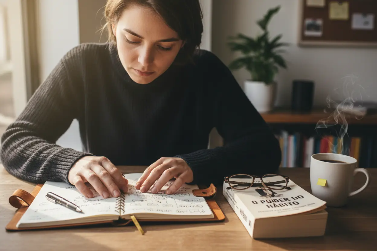 Pessoa pensativa com o livro O Poder do Hábito e um caderno de anotações.