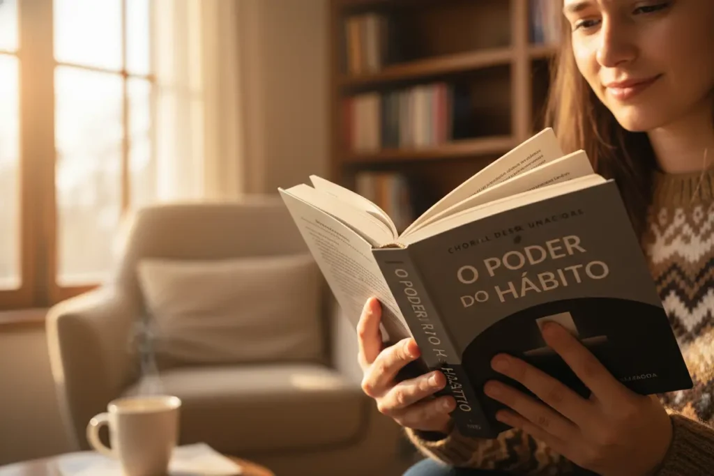 Mãos segurando o livro O Poder do Hábito, em um ambiente acolhedor.