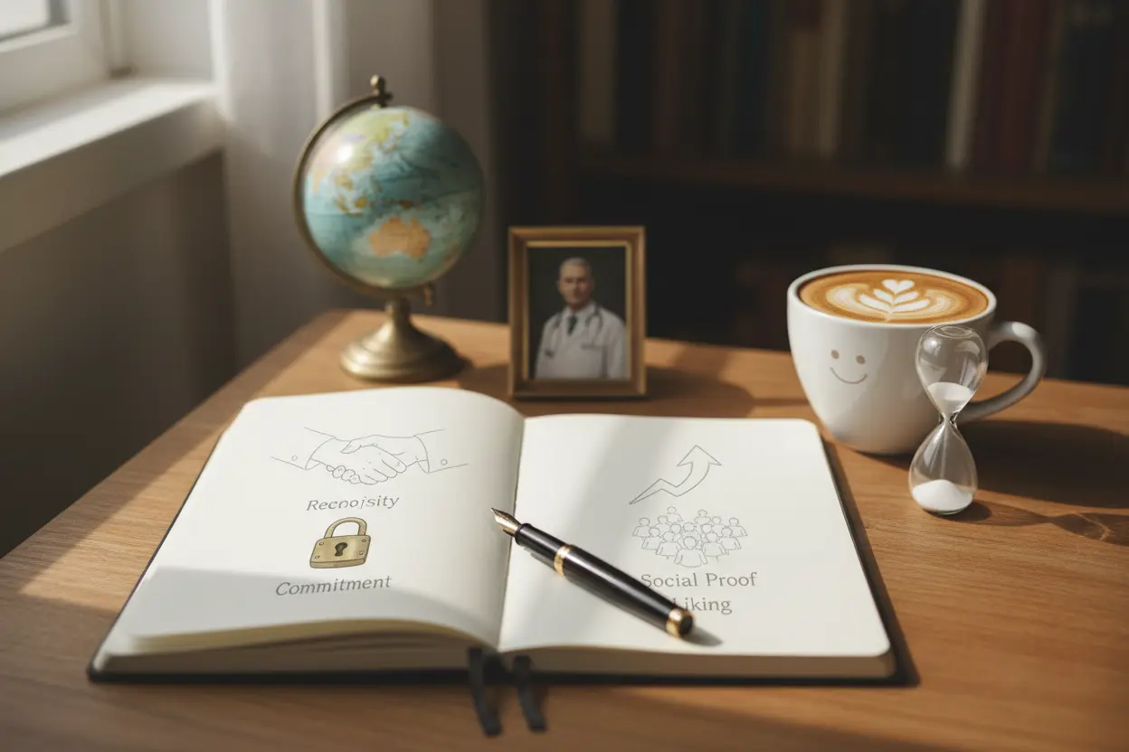 Ícones visuais representando os 6 princípios da persuasão de Cialdini.