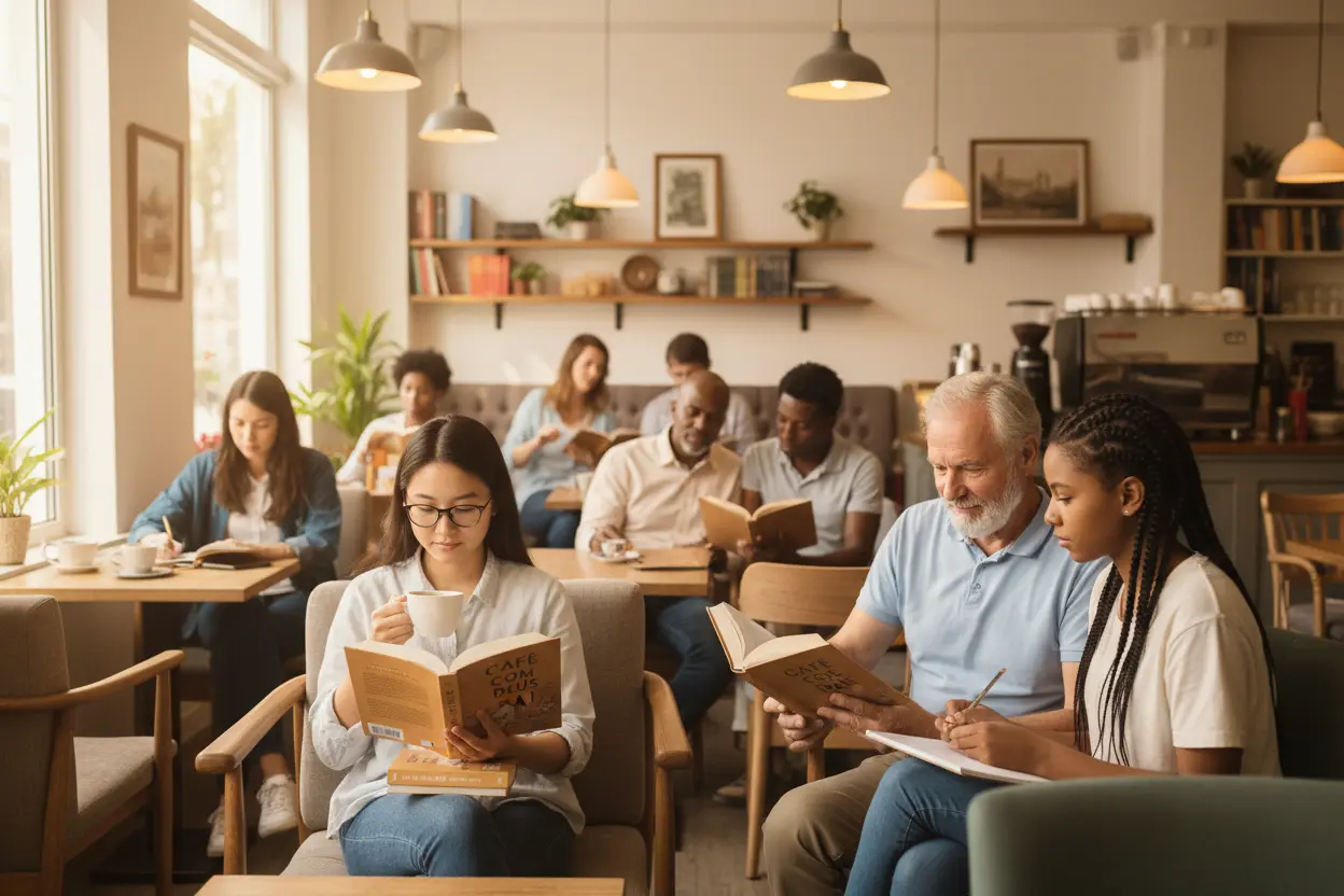 Diversas pessoas lendo em um café