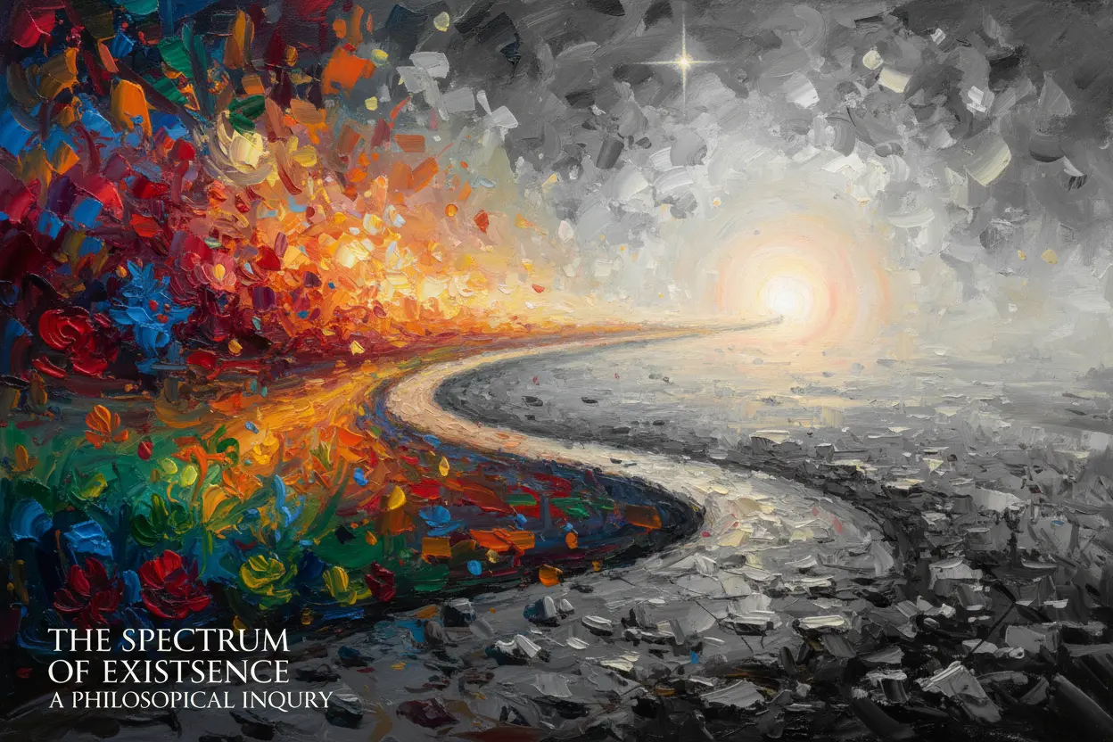 Representação abstrata da vida e da morte, com cores vibrantes e tons de cinza