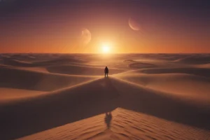 Paisagem desértica de Arrakis com verme da areia e Paul Atreides, Duna