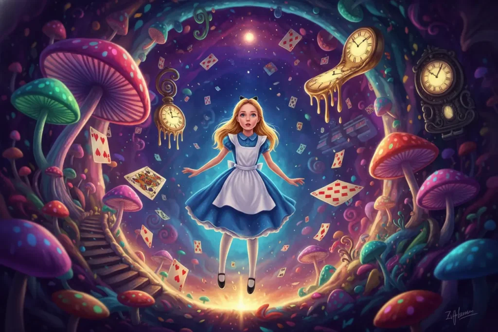 Alice caindo em um buraco de coelho com objetos surreais