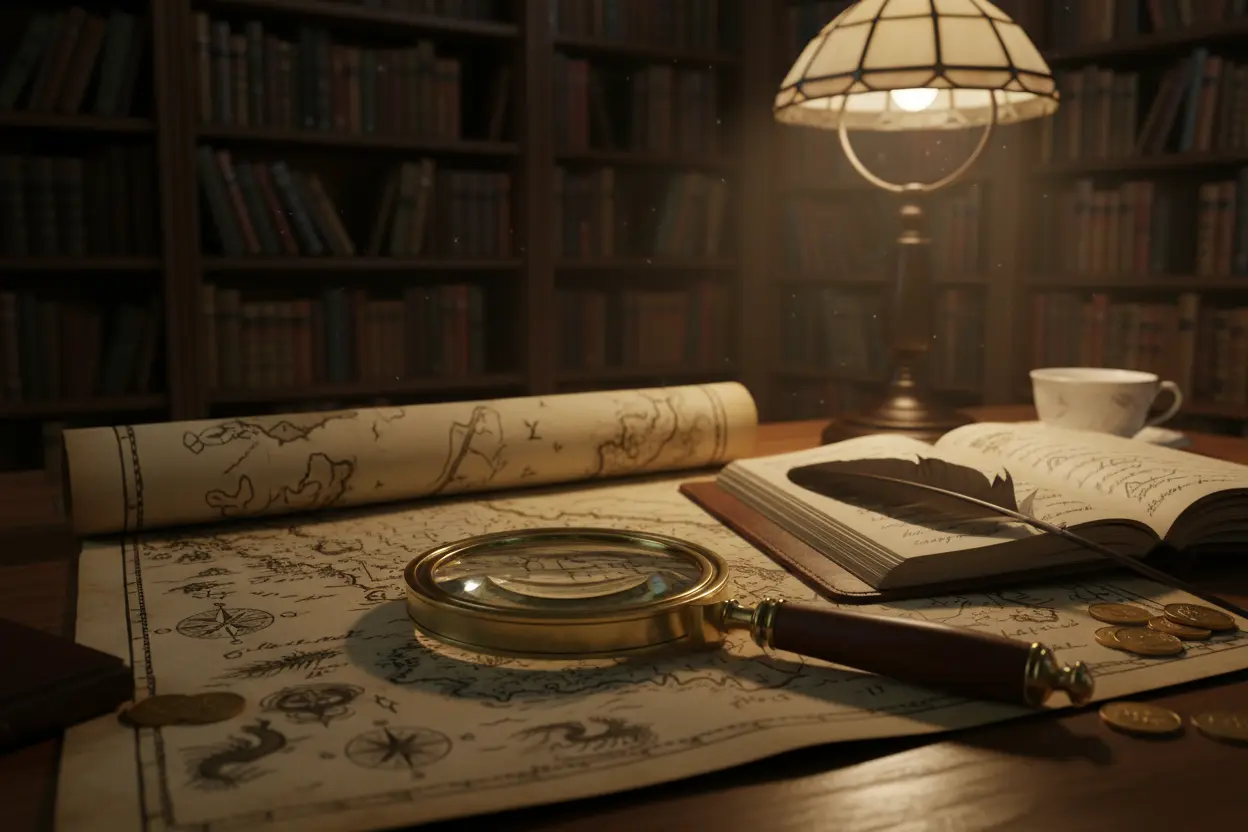 Elementos de mistério e aventura com lupa e mapa