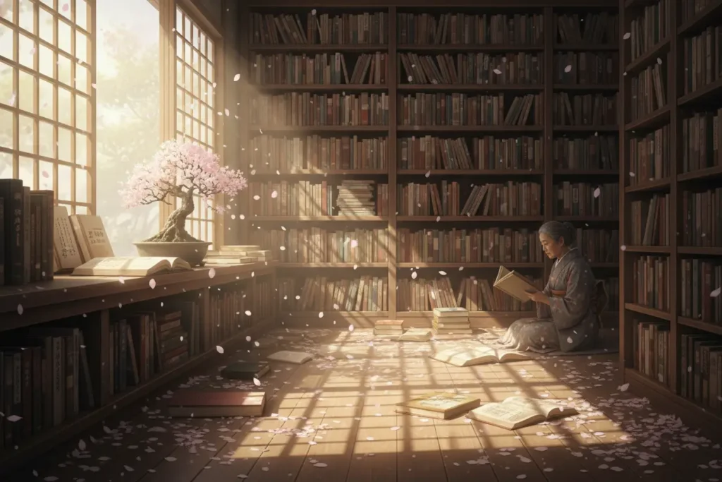 Livraria japonesa com cerejeiras e livros