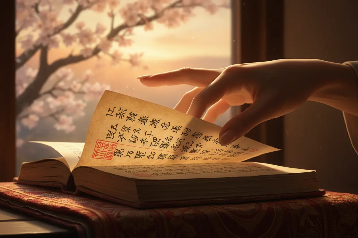 Mão folheando livro antigo japonês