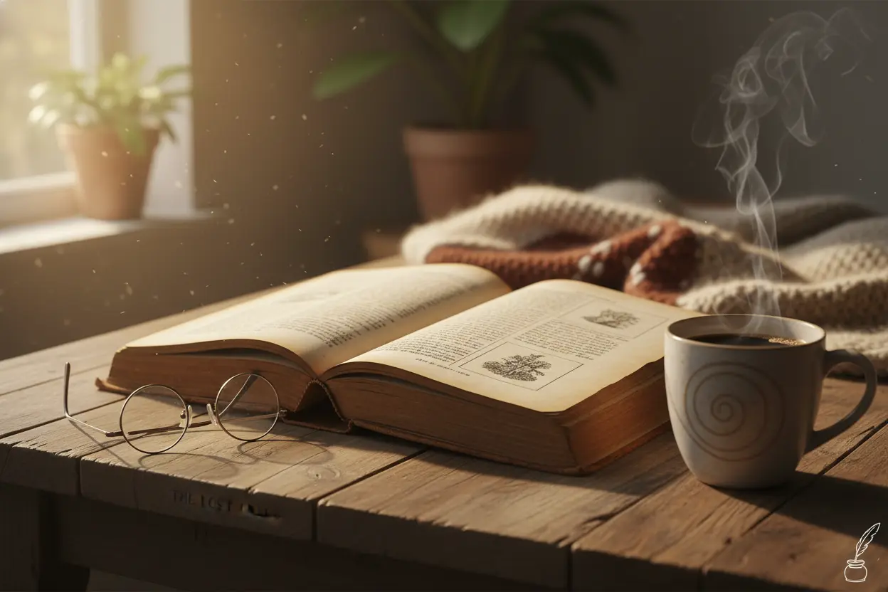 Livro A Morte de Ivan Ilitch aberto em uma mesa com óculos de leitura e café