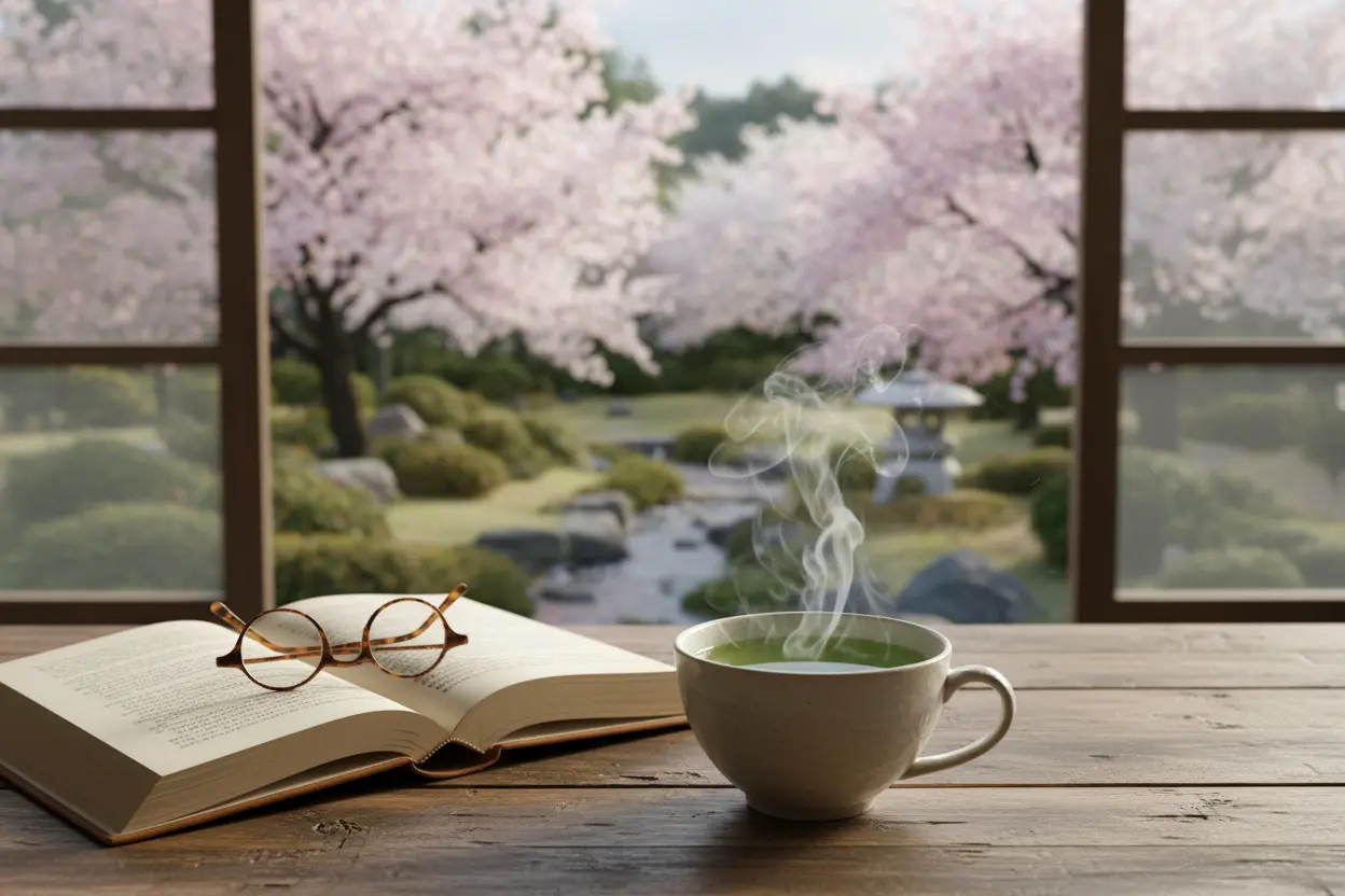 Chá verde e livro em jardim japonês