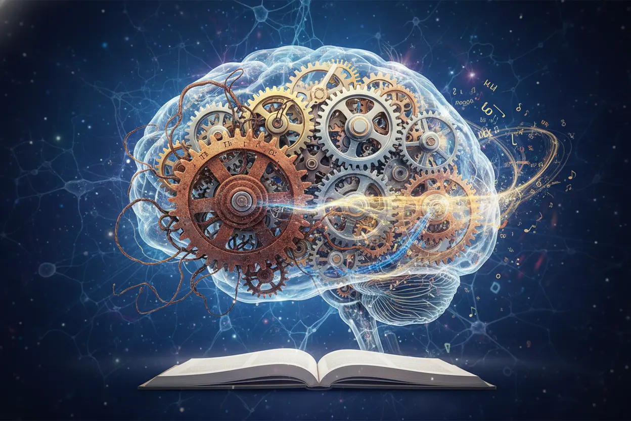 Ilustração do cérebro processando idiomas fluentemente sem tradução.