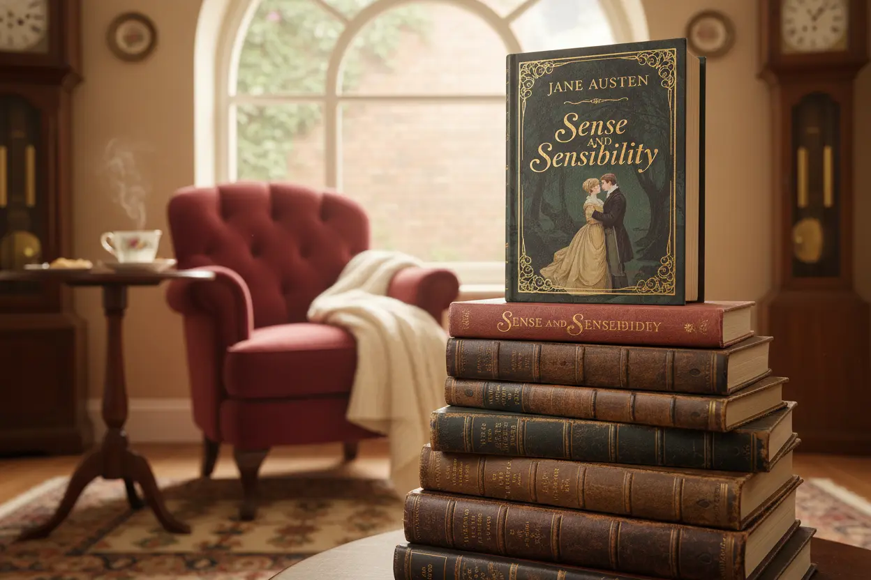 Pilha de livros clássicos com 'Razão e Sensibilidade' em destaque, em um ambiente de leitura.