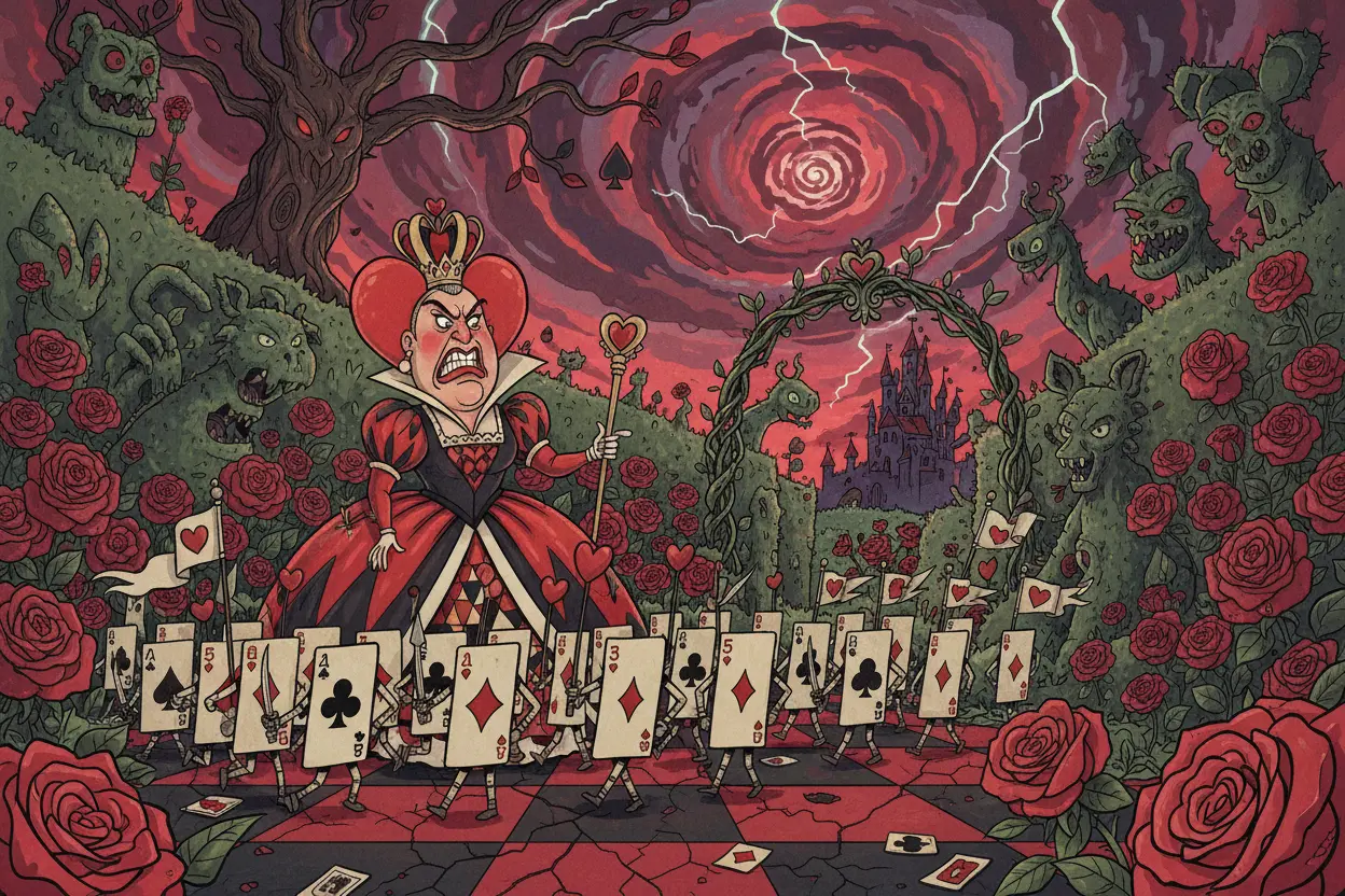 Rainha de Copas com exército de cartas de baralho