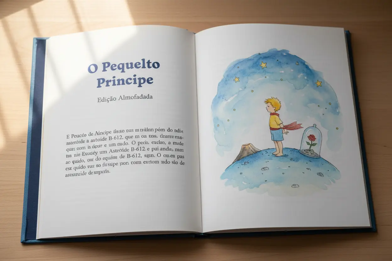 Páginas internas do livro O Pequeno Príncipe com texto e ilustração.