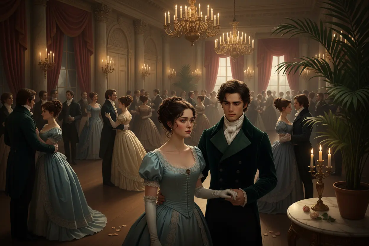 Casal em um salão de baile do século XIX, com expressão de desilusão.