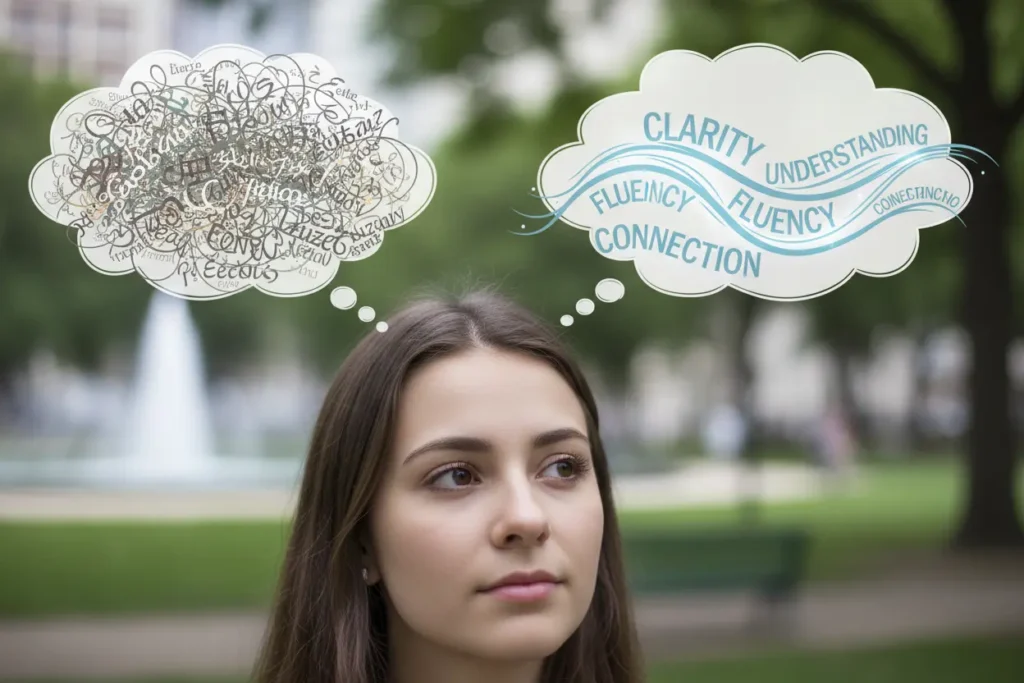 Imagem mostrando a transição de pensamento traduzido para pensamento direto em outro idioma.