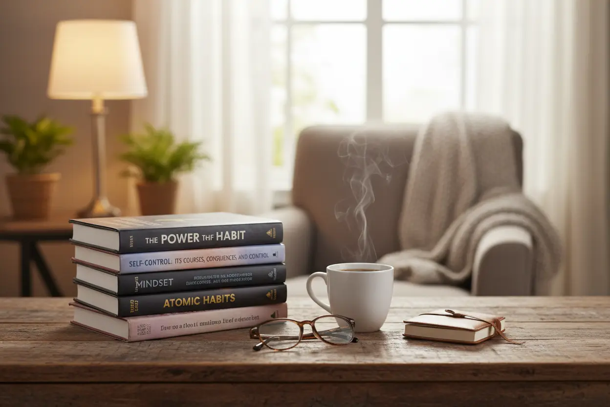 Livros de desenvolvimento pessoal e autocontrole em uma mesa.