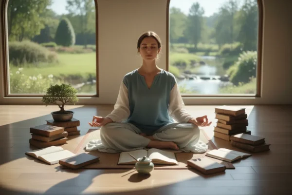 Pessoa meditando, simbolizando autocontrole e disciplina.