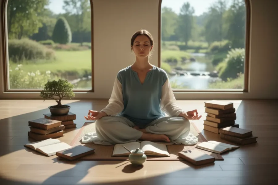 Pessoa meditando, simbolizando autocontrole e disciplina.