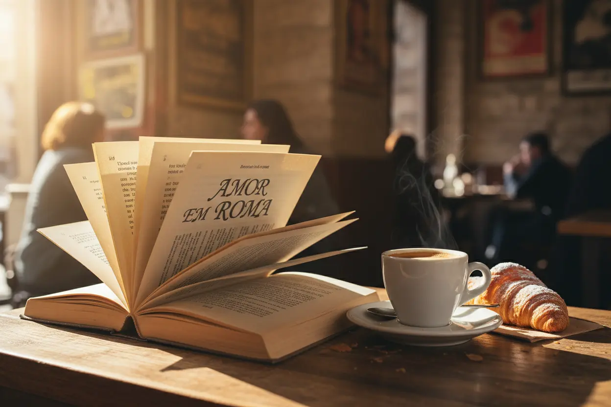 Livro Amor em Roma em uma mesa de café com café e croissant.