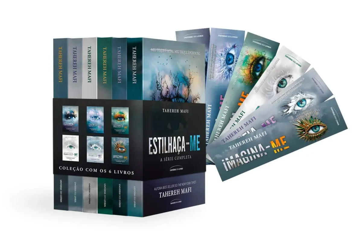 Box Kit Estilhaça-me, 6 volumes, capas coloridas, marcadores, fundo branco