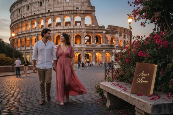 Capa do livro Amor em Roma com o Coliseu ao fundo e um casal romântico.