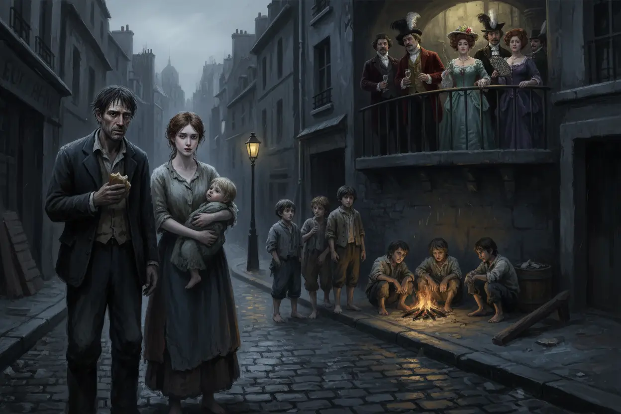 Cena de desigualdade social em Paris, inspirada em Os Miseráveis