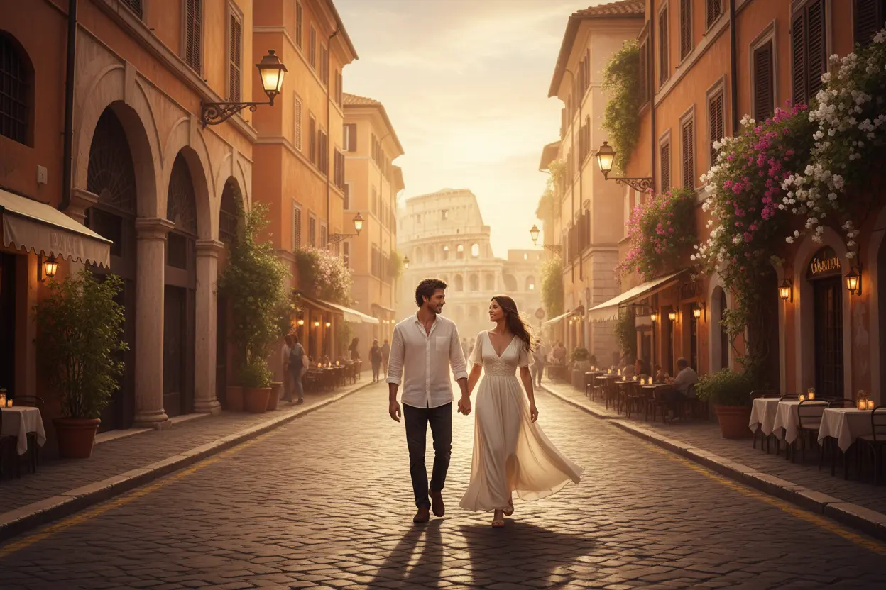 Casal caminhando em uma rua de Roma, cenário do livro Amor em Roma.