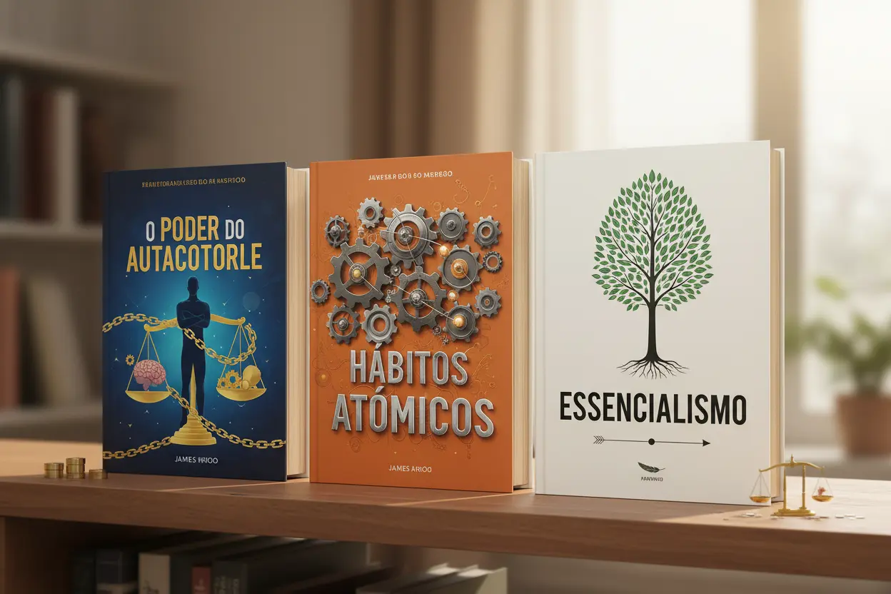 Comparativo visual de 'O Poder do Autocontrole', 'Hábitos Atômicos' e 'Essencialismo'.