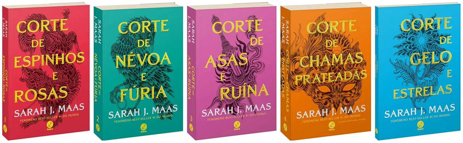 Detalhe das capas dos livros do Box Corte de espinhos e rosas (Novas capas), evidenciando a riqueza da arte.