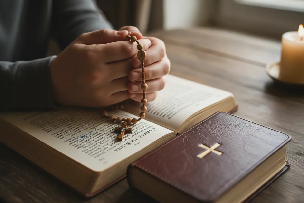 Mãos segurando terço sobre o livro Cartas de Santa Faustina
