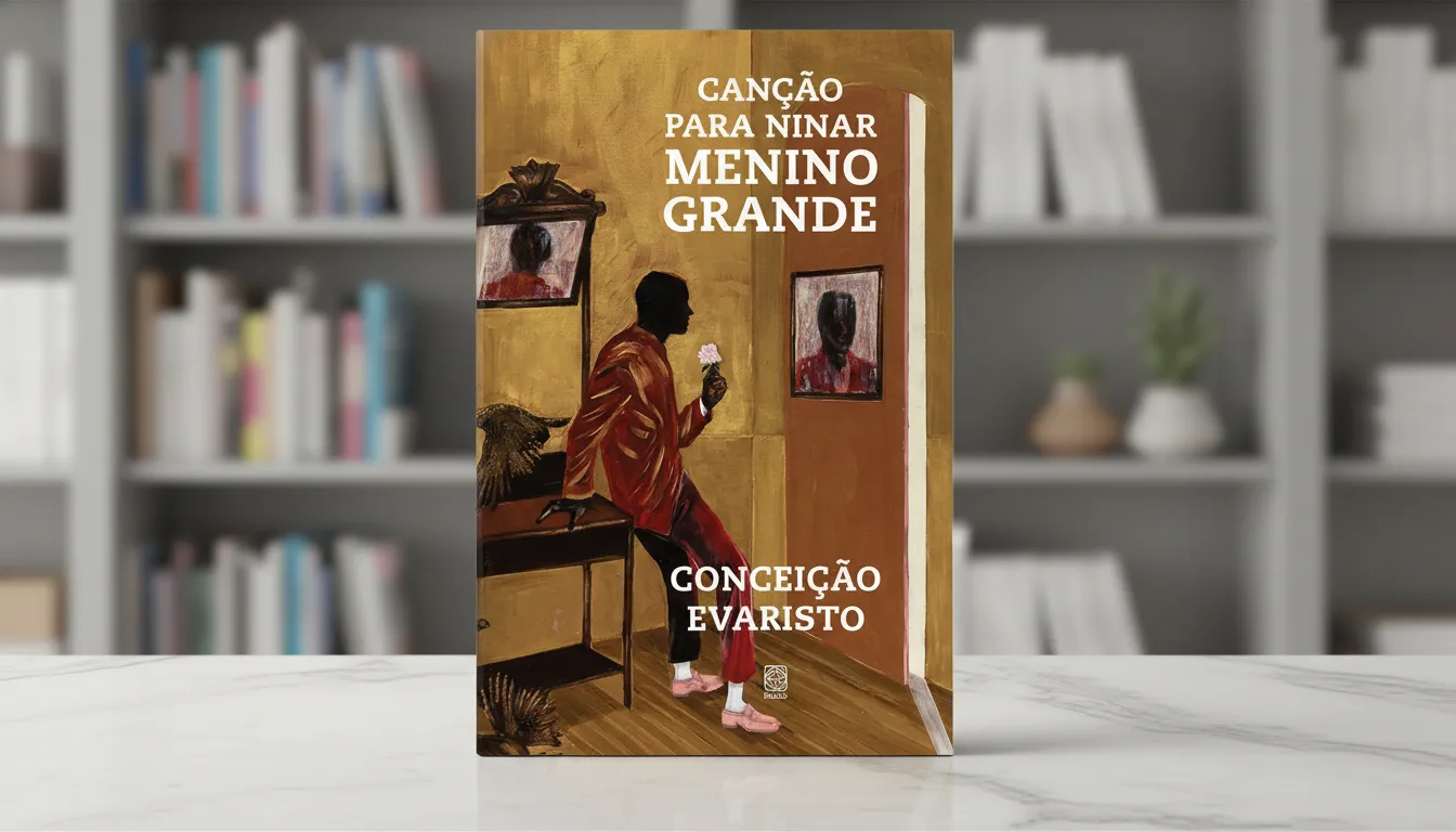 Ilustração de capa com homem negro de terno vermelho segurando uma rosa, em um cenário de tons quentes pintados.