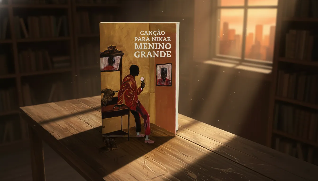 Livro Canção para ninar menino grande sobre mesa de madeira, iluminado pelo sol da tarde em uma biblioteca.