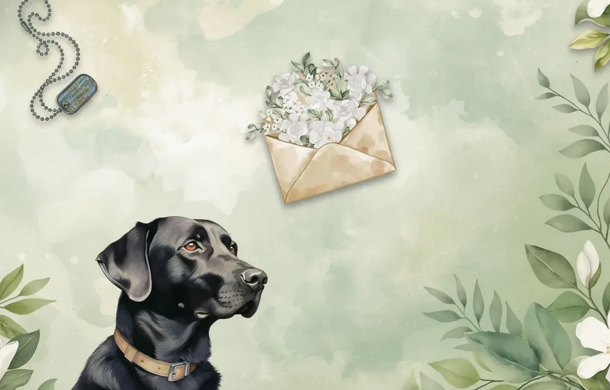 Labrador preto olha para envelope com flores e plaqueta militar sobre fundo aquarela verde.