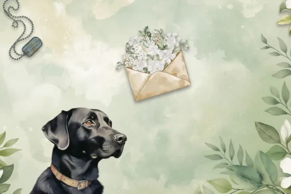 Labrador preto olha para envelope com flores e plaqueta militar sobre fundo aquarela verde.