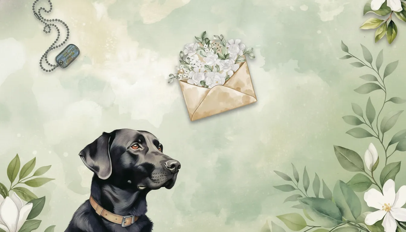 Labrador preto olha para envelope com flores e plaqueta militar sobre fundo aquarela verde.