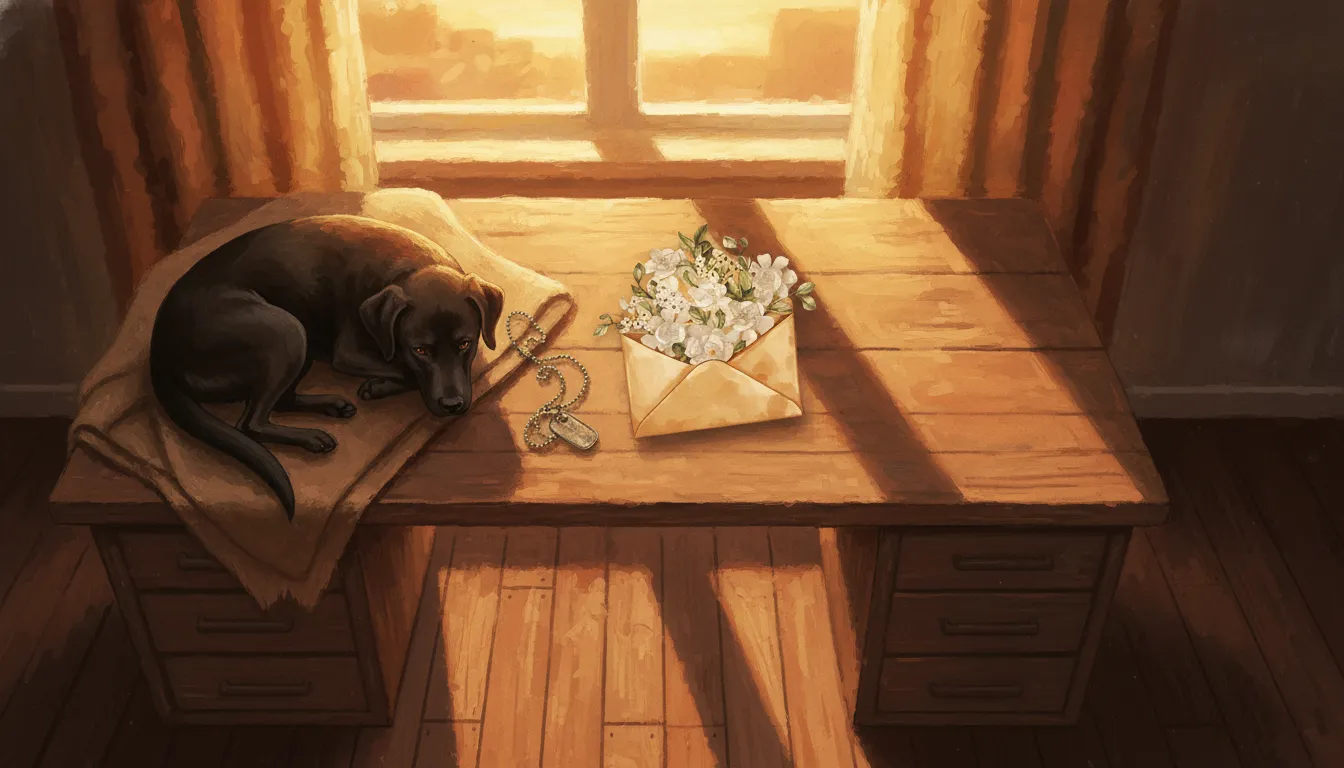 Cão preto deitado em mesa de madeira ao lado de plaqueta militar e envelope aberto com flores brancas sob luz dourada.