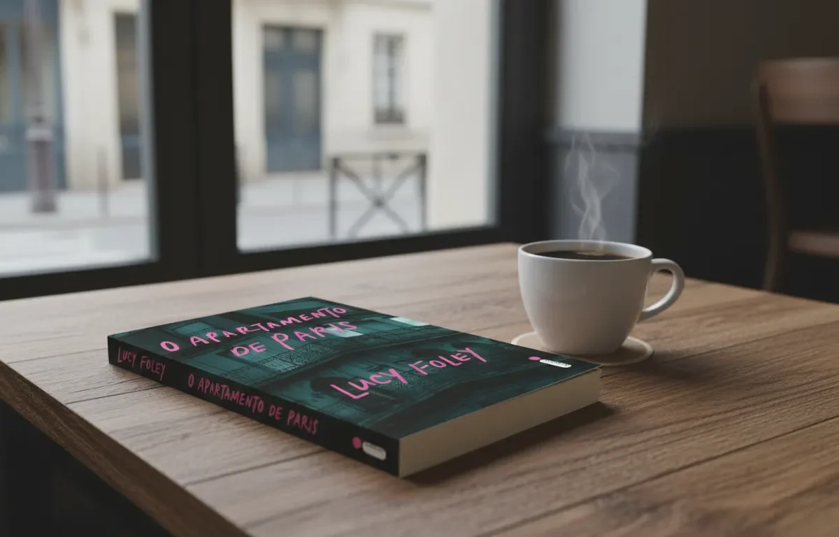 O livro 'O Apartamento de Paris' de Lucy Foley repousa em uma mesa de madeira ao lado de uma xícara de café branca e fumegante, com uma vista urbana desfocada ao fundo em tons suaves.