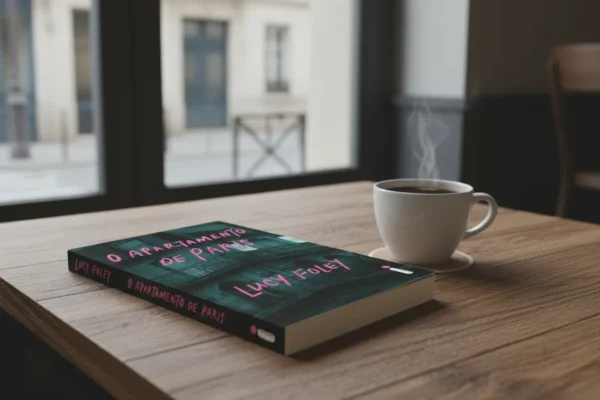 O livro 'O Apartamento de Paris' de Lucy Foley repousa em uma mesa de madeira ao lado de uma xícara de café branca e fumegante, com uma vista urbana desfocada ao fundo em tons suaves.