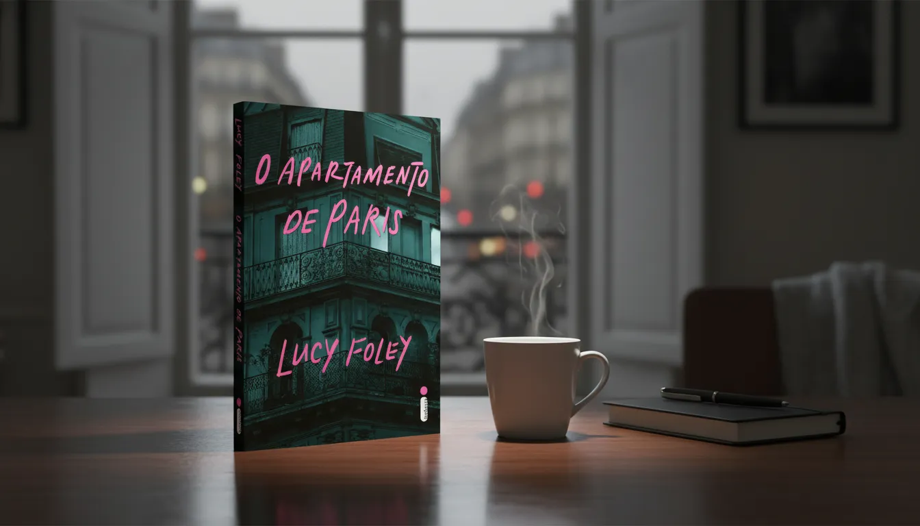 O livro 'O Apartamento de Paris' de Lucy Foley está posicionado verticalmente sobre uma mesa de madeira ao lado de uma caneca branca fumegante e um caderno preto com caneta. A capa do livro exibe um prédio parisiense em tons de azul-petróleo escuro com títulos em rosa vibrante. Ao fundo, uma janela revela uma vista desfocada das ruas de Paris ao anoitecer, criando um ambiente acolhedor e misterioso.